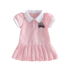Lioraitiin Toddler Girl A Line Dress Plaid Print Lapel Short Sleeves