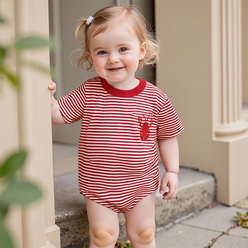 Lioraitiin Newborn Baby Girls Romper Lobster Stripe Pattern Short