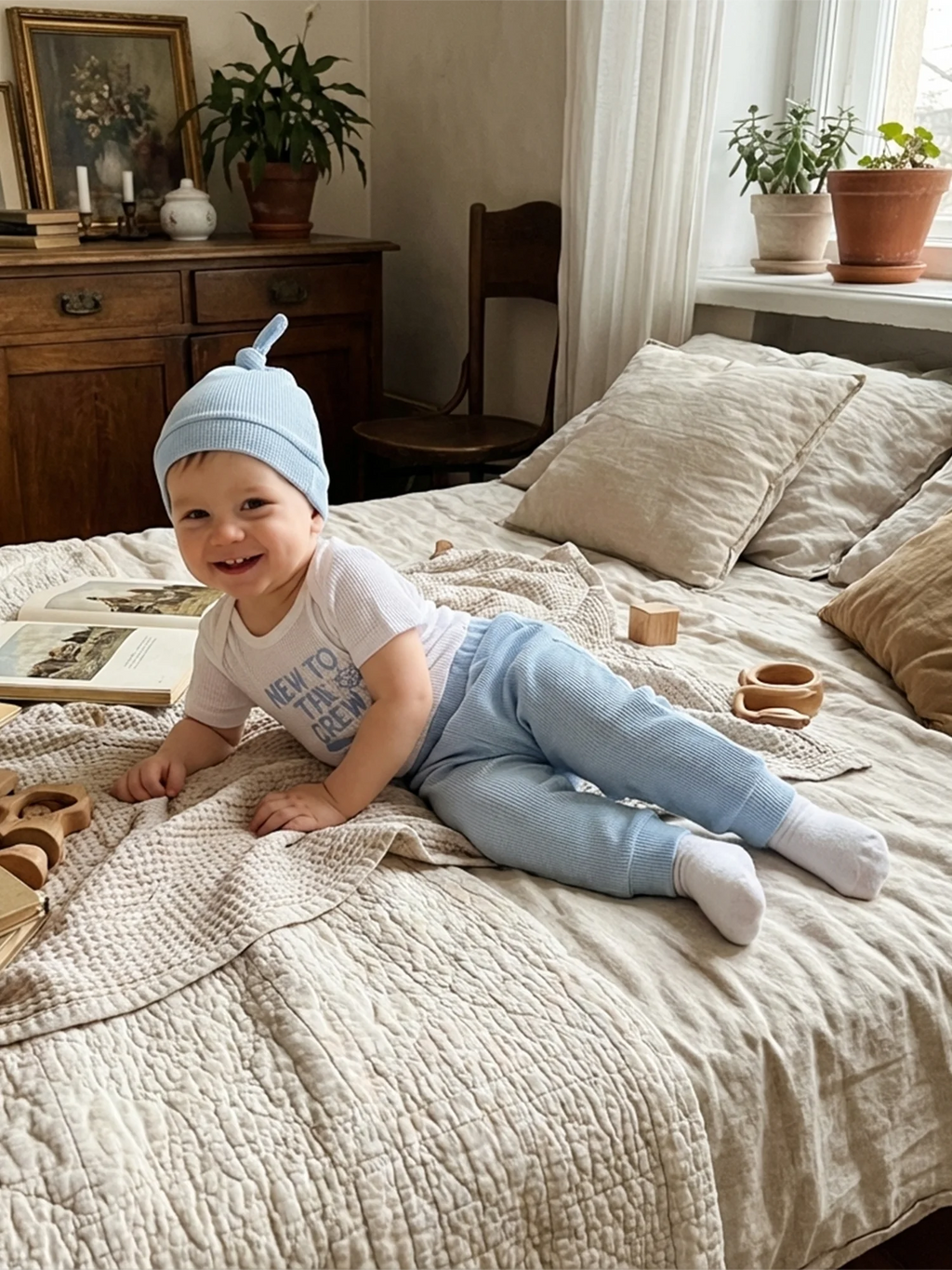 Baby Boys Outfits Letter Embroidery Round Neck Short Sleeve Waffle