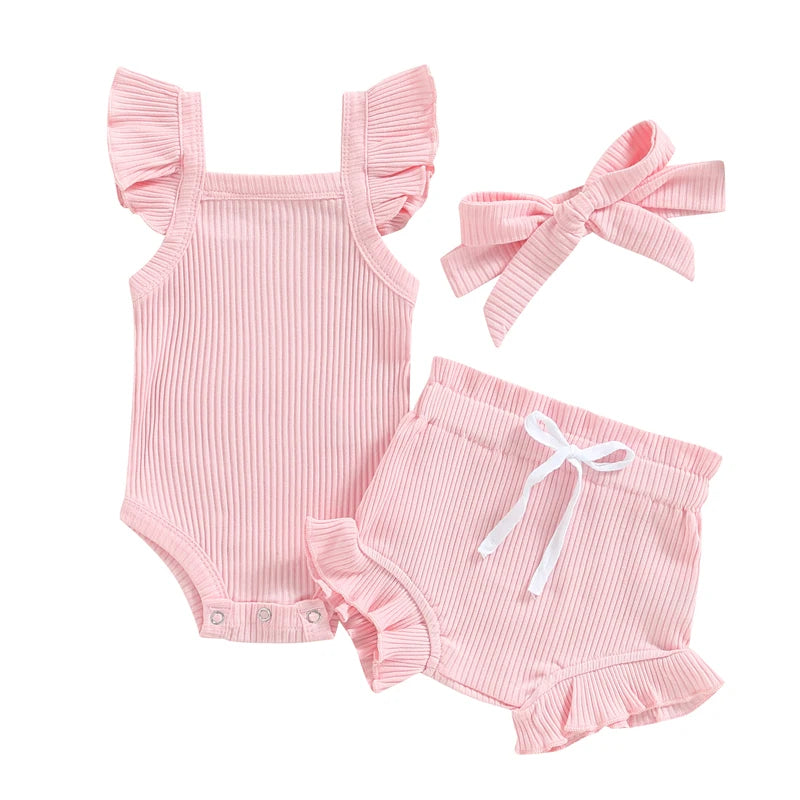 Lioraitiin 0-18M Toddler Girls 3Pcs Fly Sleeve Solid Romper Tops