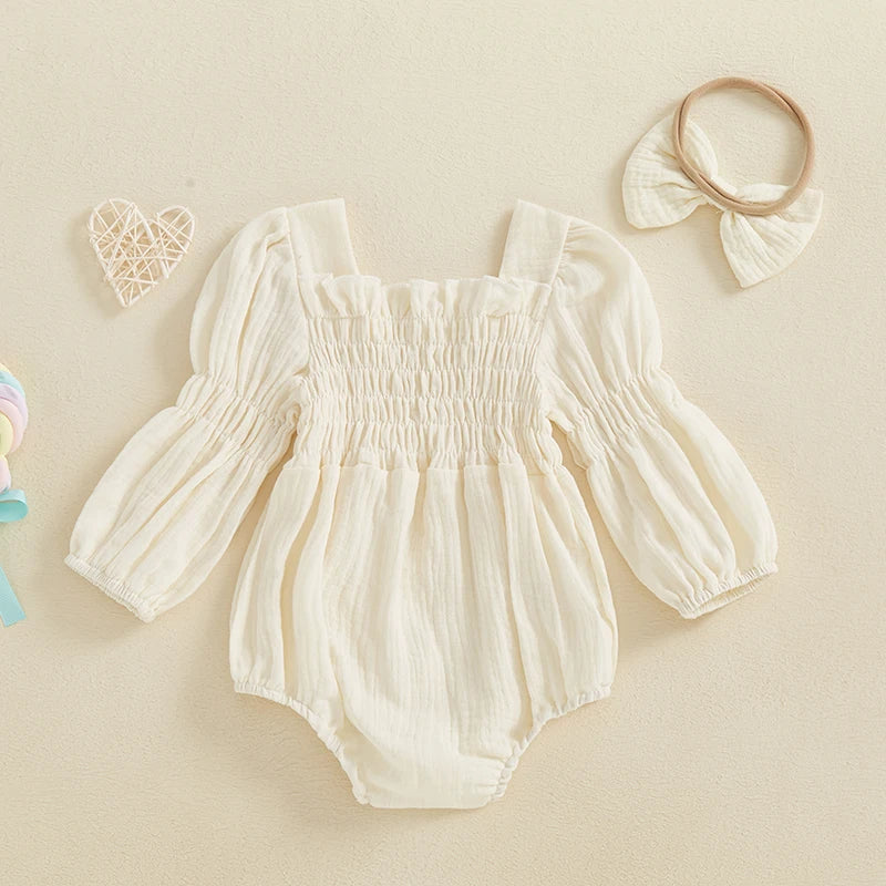 Lioraitiin Baby Girls Romper Long Sleeve Square Neck Solid Color