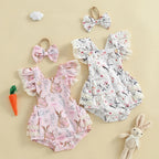 Lioraitiin Baby Girls Easter Outfits Flower Bunny Print Lace Trim