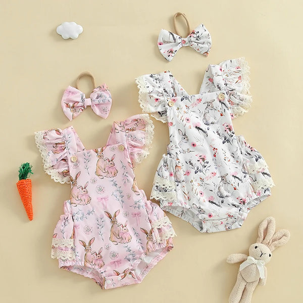 Lioraitiin Baby Girls Easter Outfits Flower Bunny Print Lace Trim