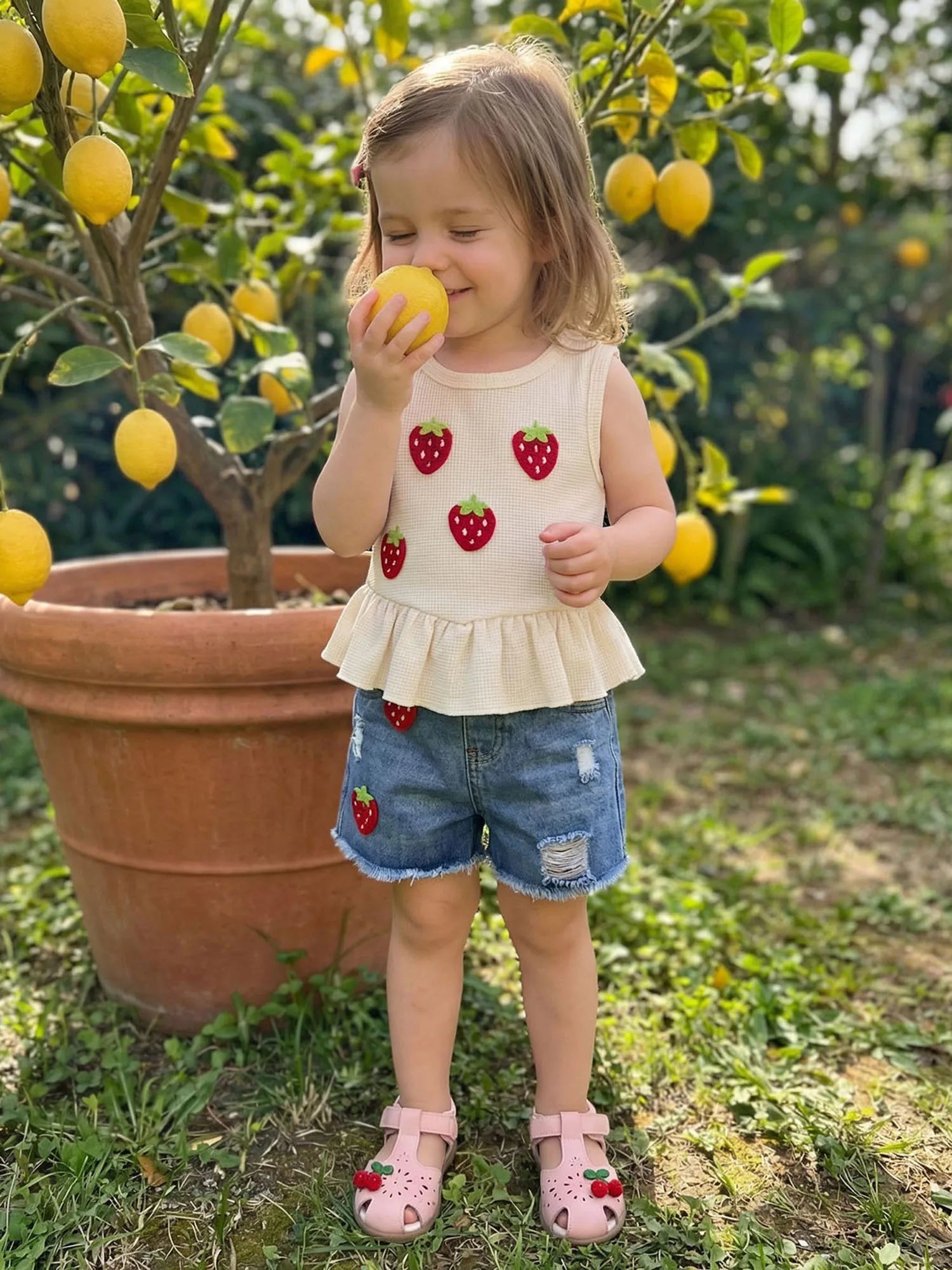 Baby Girls Outfits Floral Strawberry Patch Tank Tops and Ripped Denim