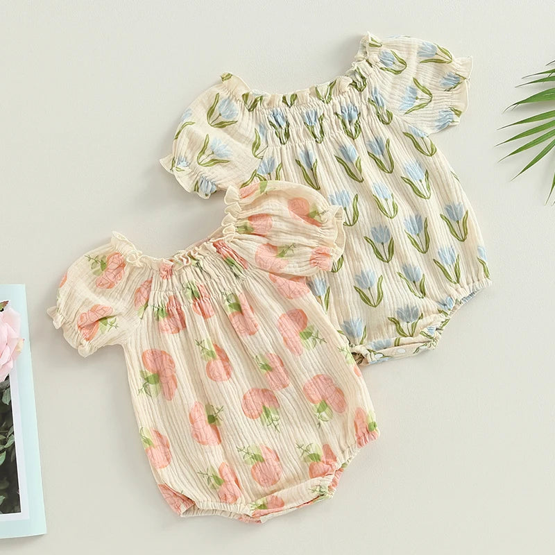 Lioraitiin 0-24M Infant Baby Girls Bodysuit Flower Print Short Puff