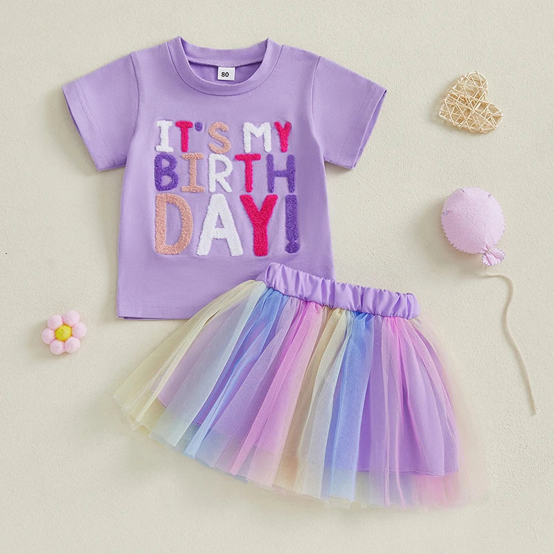 Toddler Girl Birthday Outfit Letter Embroidery Short Sleeve Crew Neck