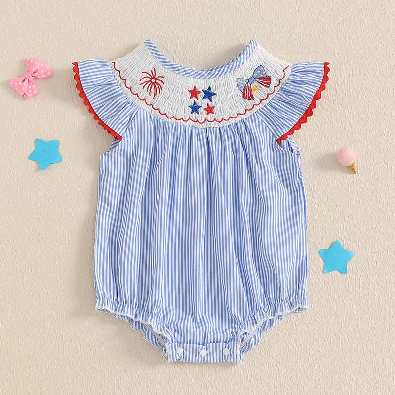 Lioraitiin Baby Girls Romper Fly Sleeve Crew Neck Stripes Embroidery