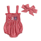 Lioraitiin Baby Girl July 4th Outfit Plaid Letter Embroidery Shirred