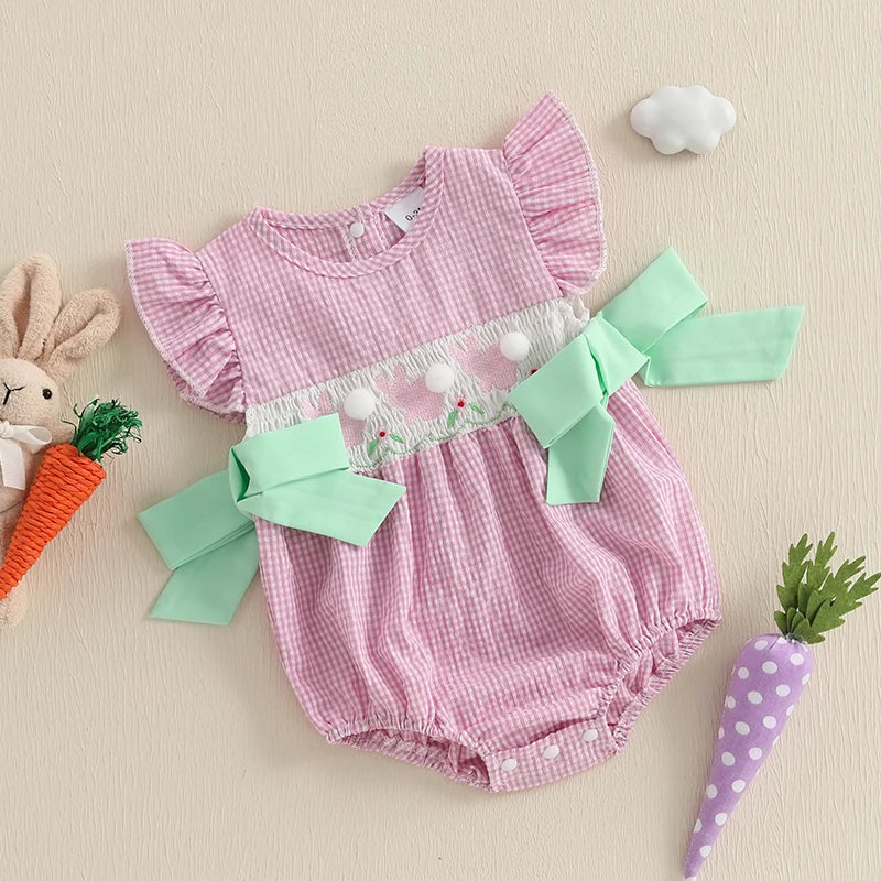 Lioraitiin Baby Girls Rompers Easter Rabbit Embroidery Plaid Fly