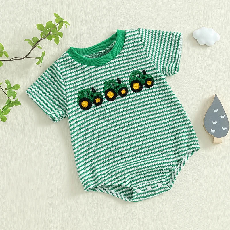 Lioraitiin Baby Girls Boys Rompers Waffle Truck Embroidery Stripe