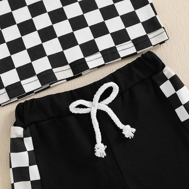 Lioraitiin Toddler Boys Shorts Sets Short Sleeve Lapel Checkerboard