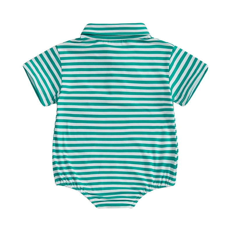 Lioraitiin Baby Boy Romper Short Sleeve Lapel Collar Stripes Print