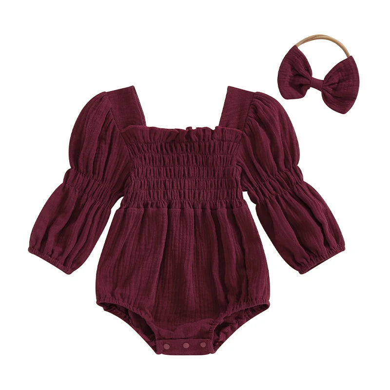 Lioraitiin Baby Girls Romper Long Sleeve Square Neck Solid Color
