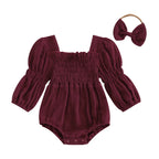 Lioraitiin Baby Girls Romper Long Sleeve Square Neck Solid Color