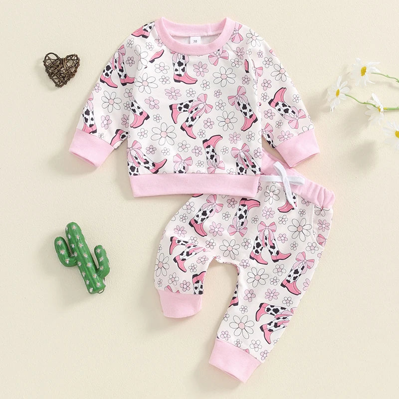 Lioraitiin Baby Girls 2Pcs Outfit, Flower Boots Print Long Sleeve