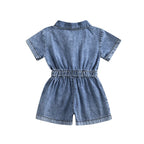 Toddler Girls Denim Overalls Shorts Short Sleeves Turn Down Collar