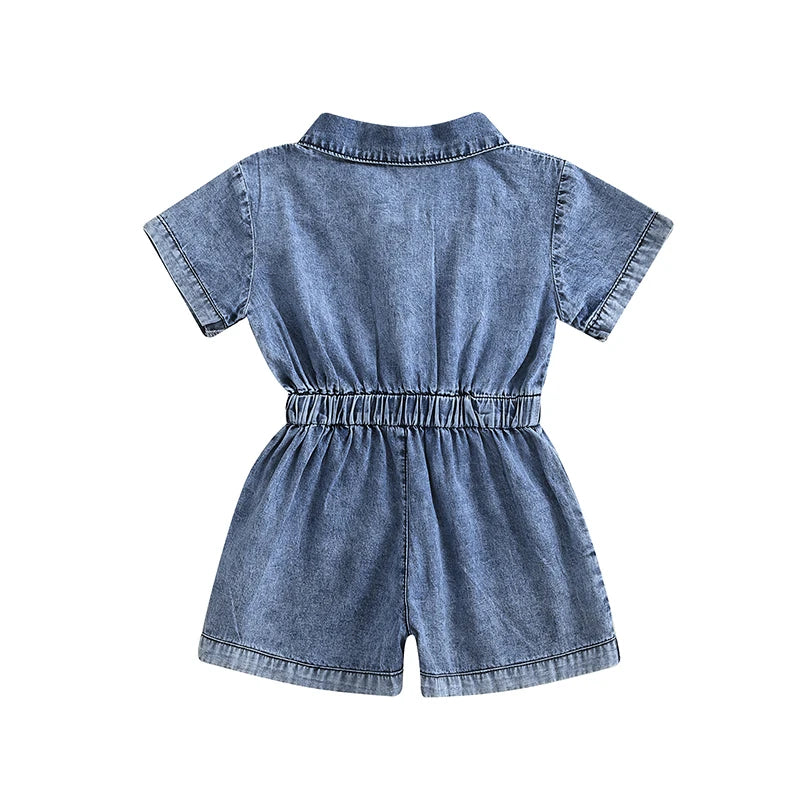 Toddler Girls Denim Overalls Shorts Short Sleeves Turn Down Collar