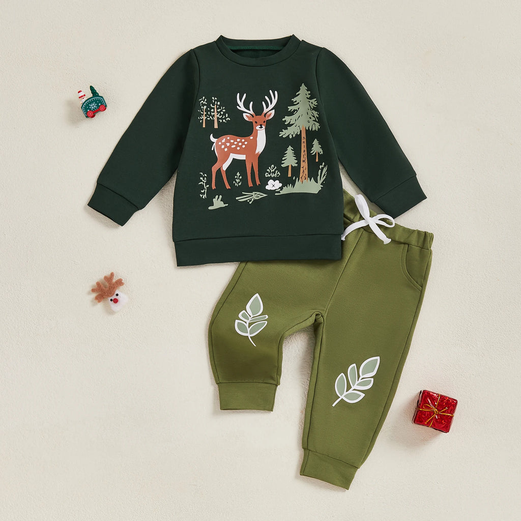 Lioraitiin Toddler Boy Christmas Reindeer Tree Print Long Sleeve