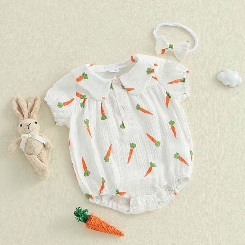 Lioraitiin Baby Girls Rompers Easter Carrot Print Doll Collar Short