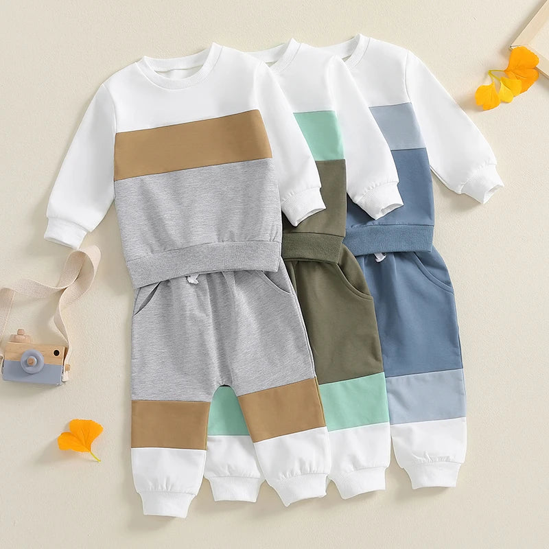 Lioraitiin Toddler Boy Set Contrast Color Long Sleeve Crew Neck
