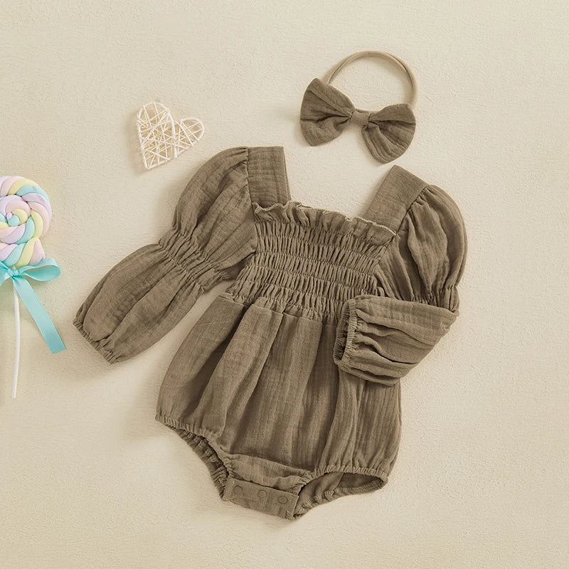 Lioraitiin Baby Girls Romper Long Sleeve Square Neck Solid Color