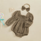 Lioraitiin Baby Girls Romper Long Sleeve Square Neck Solid Color