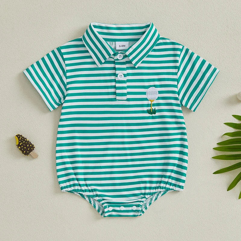 Lioraitiin Baby Boy Romper Short Sleeve Lapel Collar Stripes Print