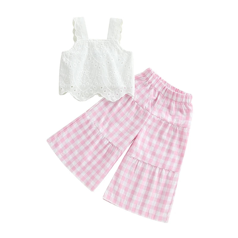Lioraitiin Toddler Girl Eyelet Embroidery Cami Tops+Elastic Waist