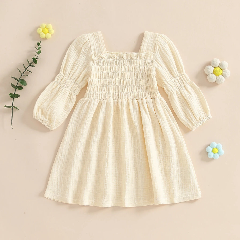 Lioraitiin Toddler Girl Bubble Sleeve Dress Stylish Solid Smocked