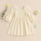 Lioraitiin Toddler Girl Bubble Sleeve Dress Stylish Solid Smocked