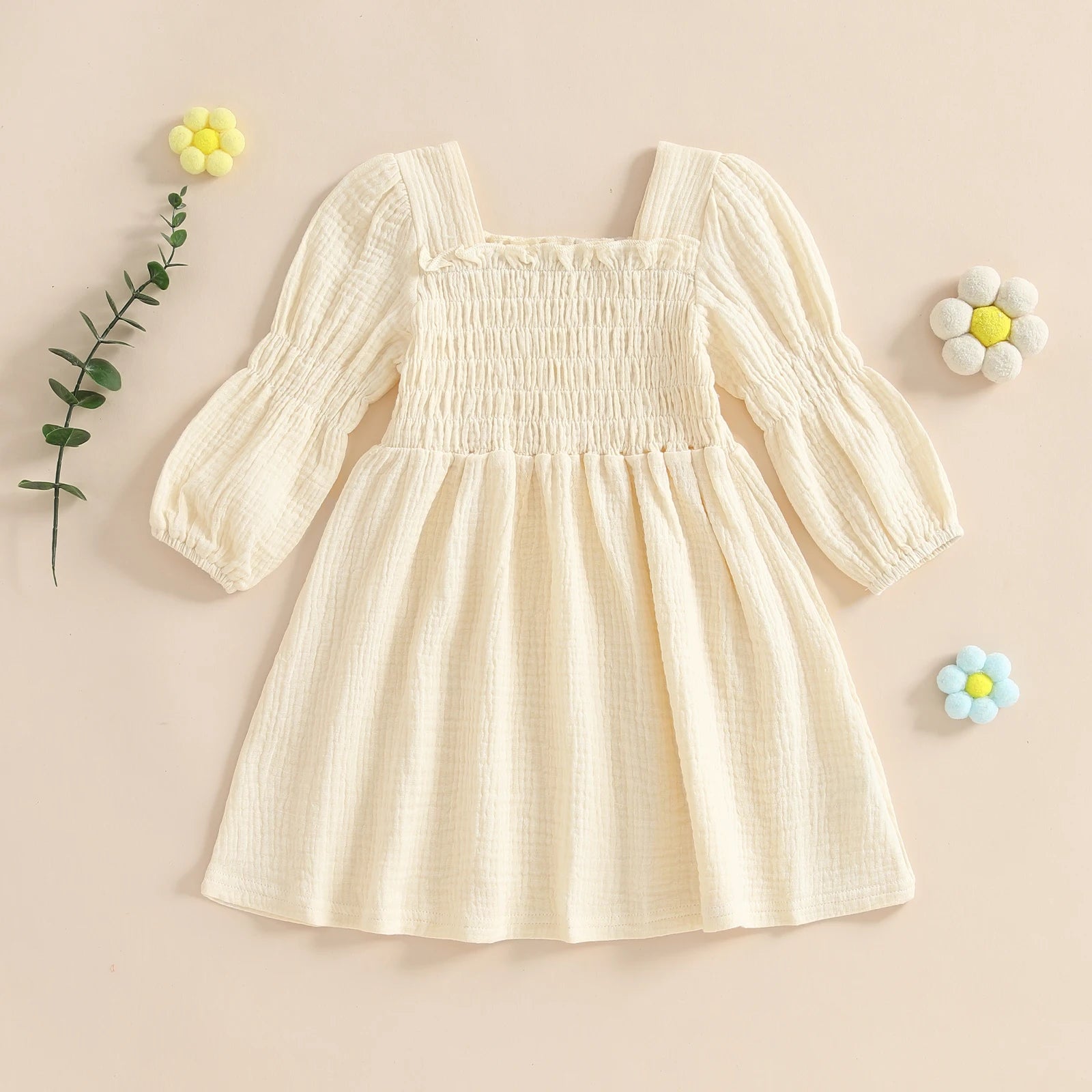 Lioraitiin Toddler Girl Bubble Sleeve Dress Stylish Solid Smocked
