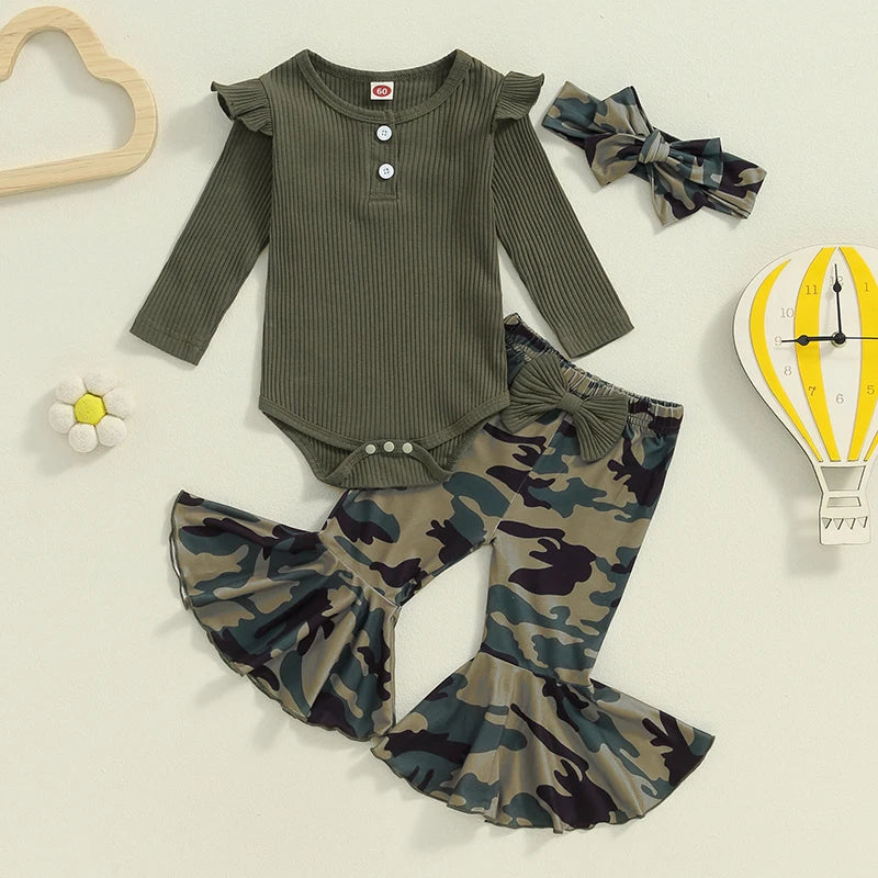 Lioraitiin Baby Girl 3 Piece Outfit, Long Sleeve Ribbed Solid Color