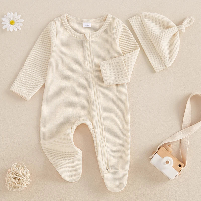 Lioraitiin Newborn Baby Footed Romper Solid Color Waffle Long Sleeve