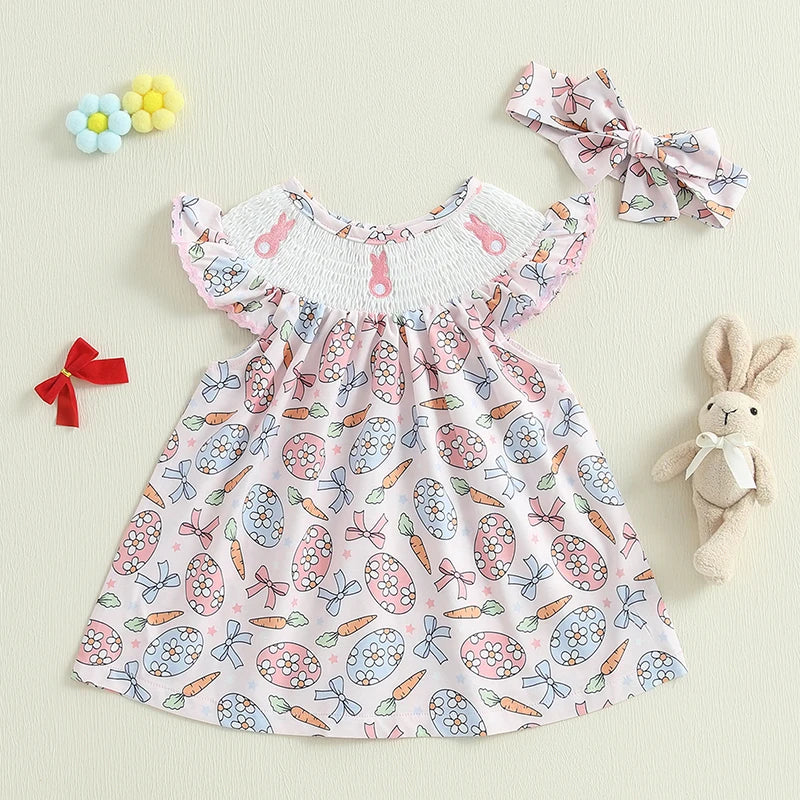 Lioraitiin Toddler Girls Dress Rabbit/Easter Eggs Print Fly Sleeve