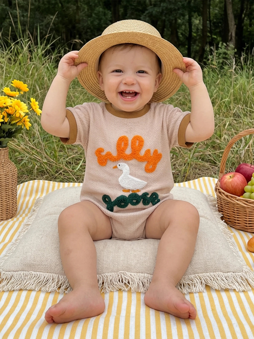 Lioraitiin Baby Girls Romper Fashionable Letter Goose Embroidery Crew