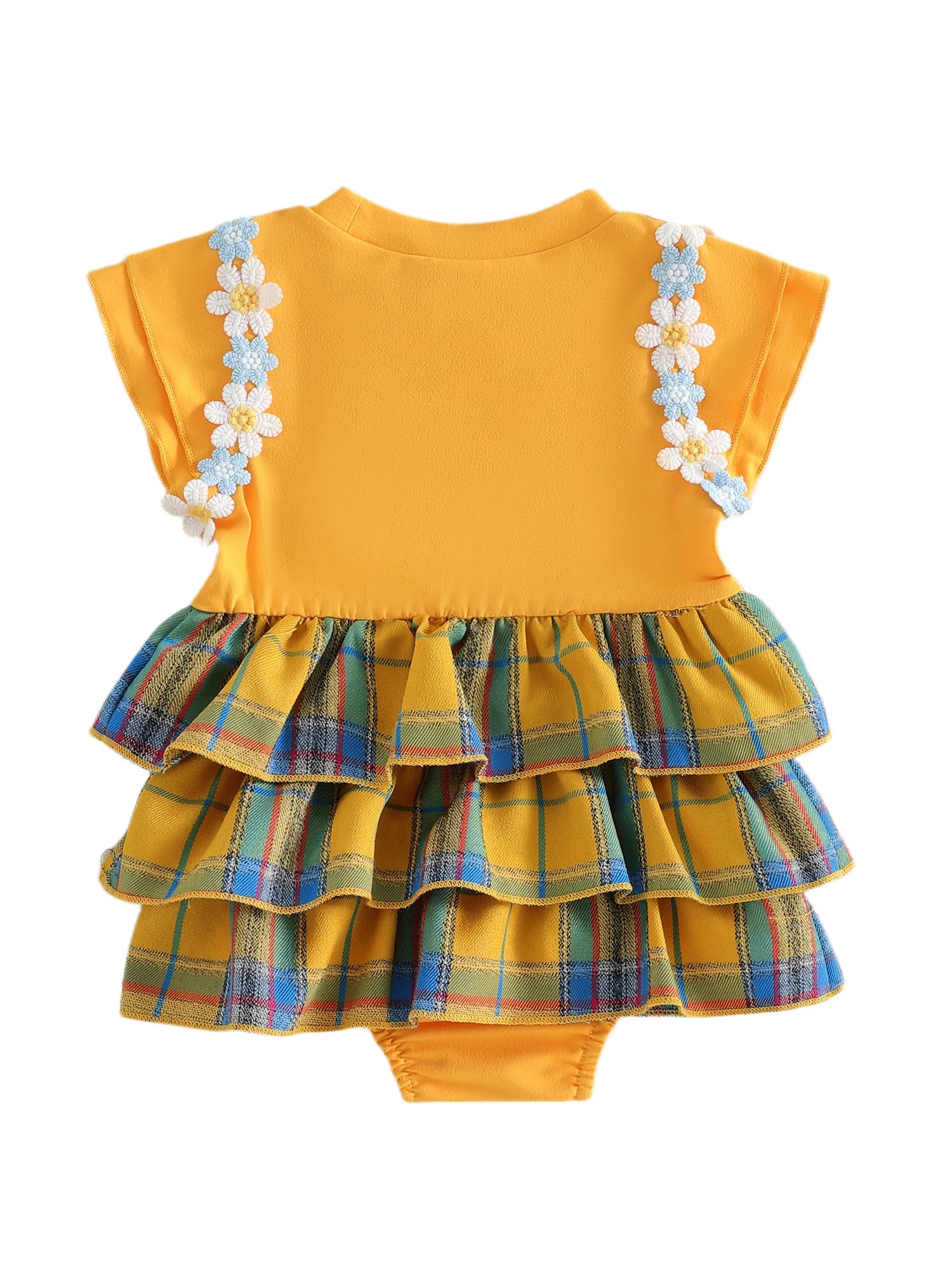 Lioraitiin Baby Girls Rompers Floral Embroidery Plaid Ruffles Skirt