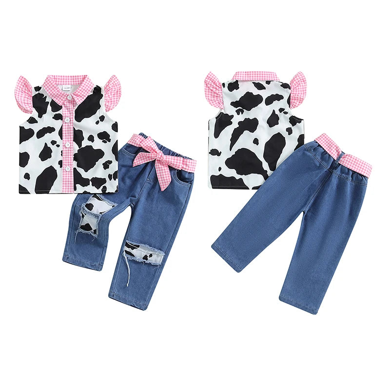 Lioraitiin Baby Girl 2Pcs Western Outfits Fly Sleeve Cow Print Shirt