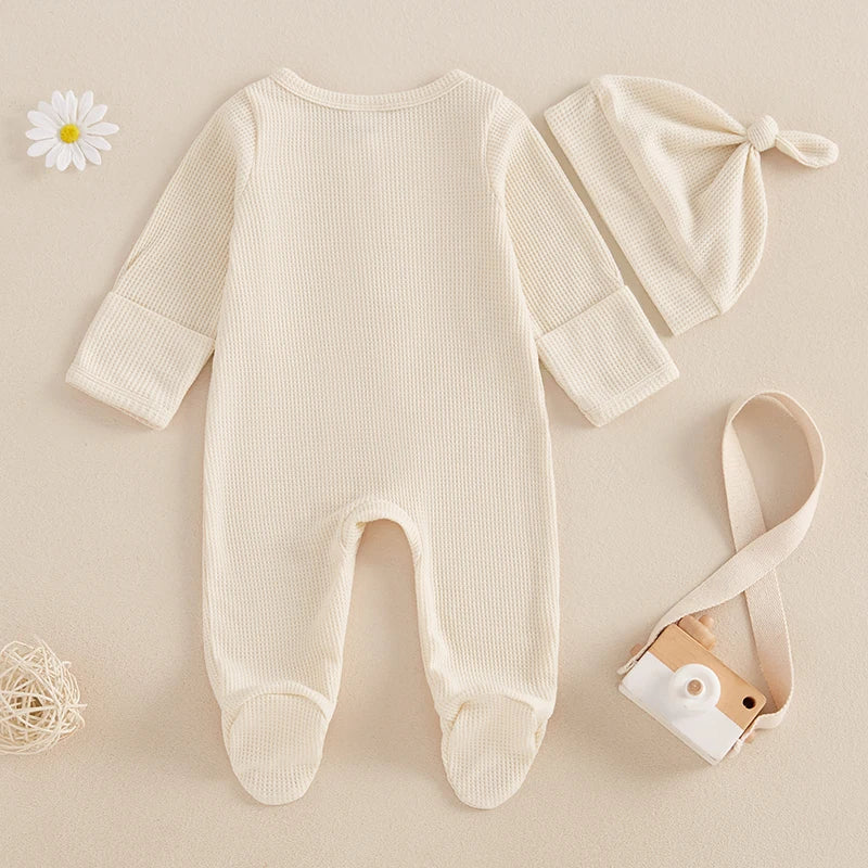 Lioraitiin Newborn Baby Footed Romper Solid Color Waffle Long Sleeve