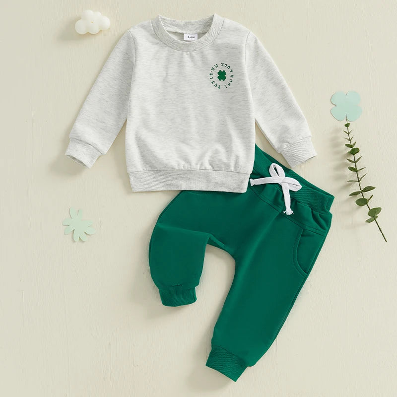 Toddler Baby Boys Outfits Four Leaf Clover Letter Long Sleeve Crew