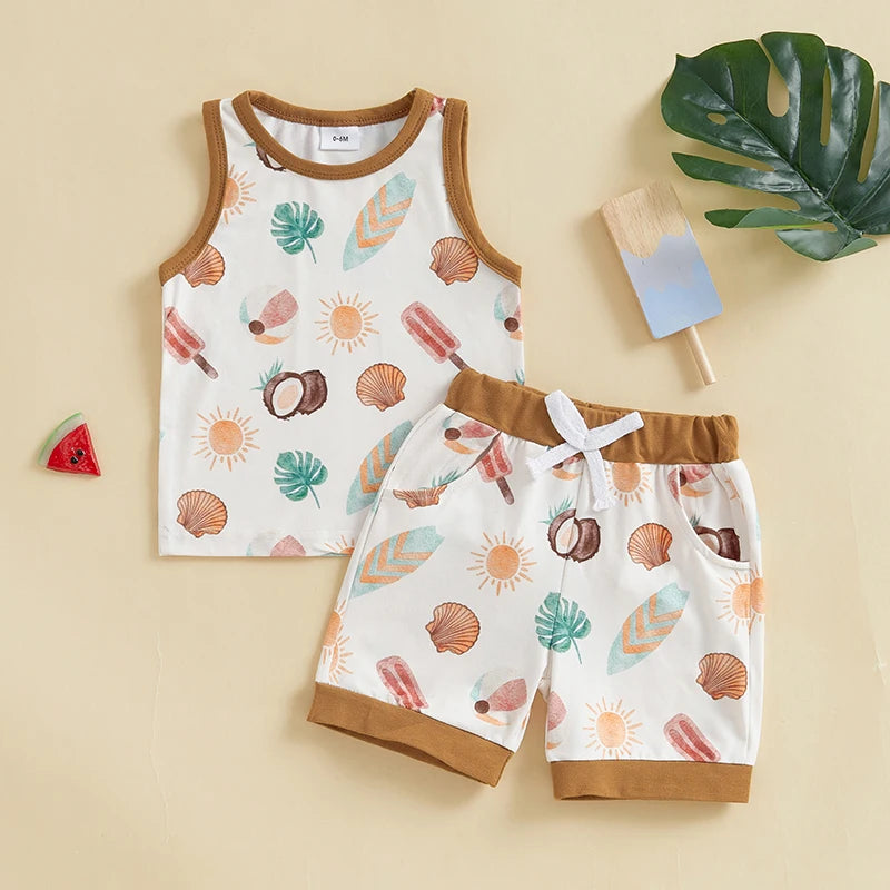 Lioraitiin Toddler Baby Boy Shorts Set Seashell/Tree Tank Tops
