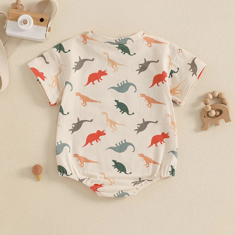 Lioraitiin Baby Boy Dinosaur Romper Letter Embroidery Short Sleeve