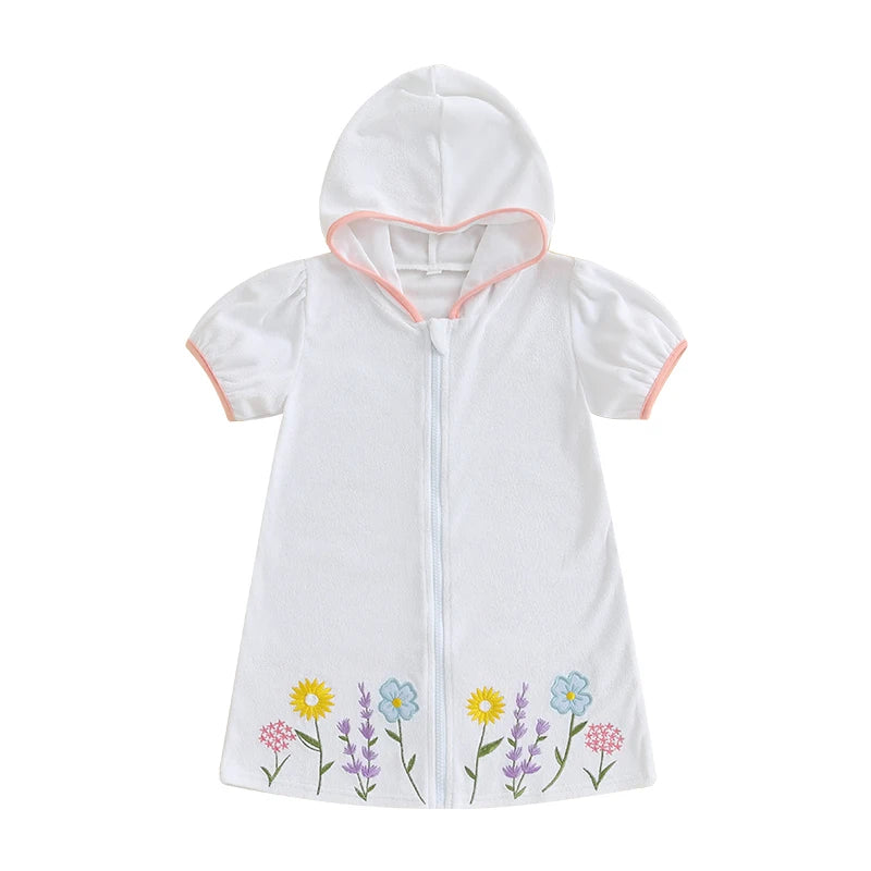 Lioraitiin Kid Girl Hooded Beach Coverup Floral Embroidery Loose Fit