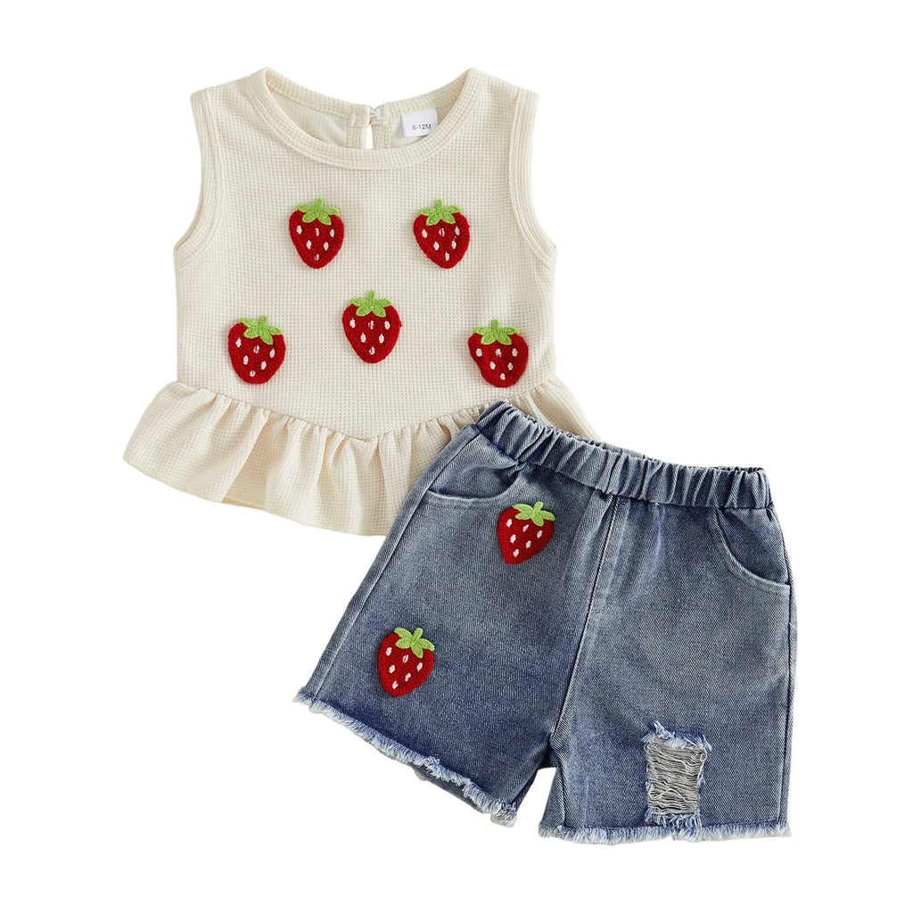Baby Girls Outfits Floral Strawberry Patch Tank Tops and Ripped Denim