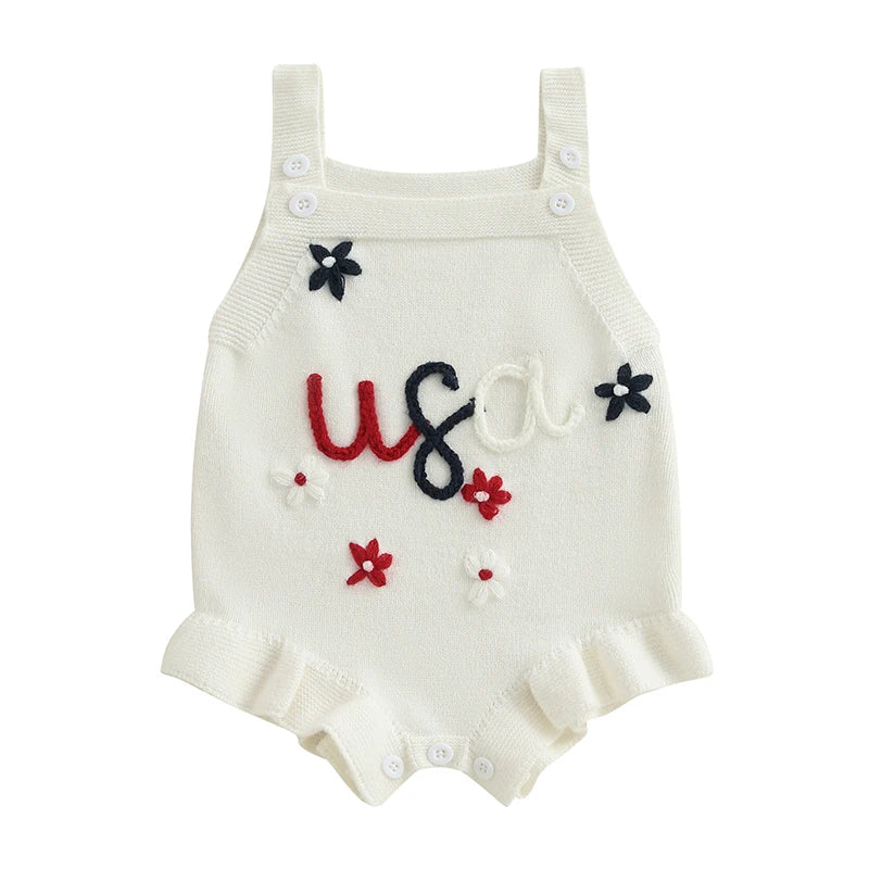 Lioraitiin Baby Girl Knit Overalls Floral Letter Embroidery