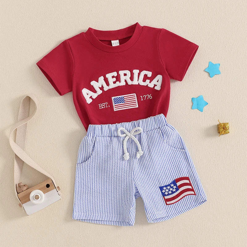 Lioraitiin Toddler Boy 4th of July Outfit Letter Embroidery Short