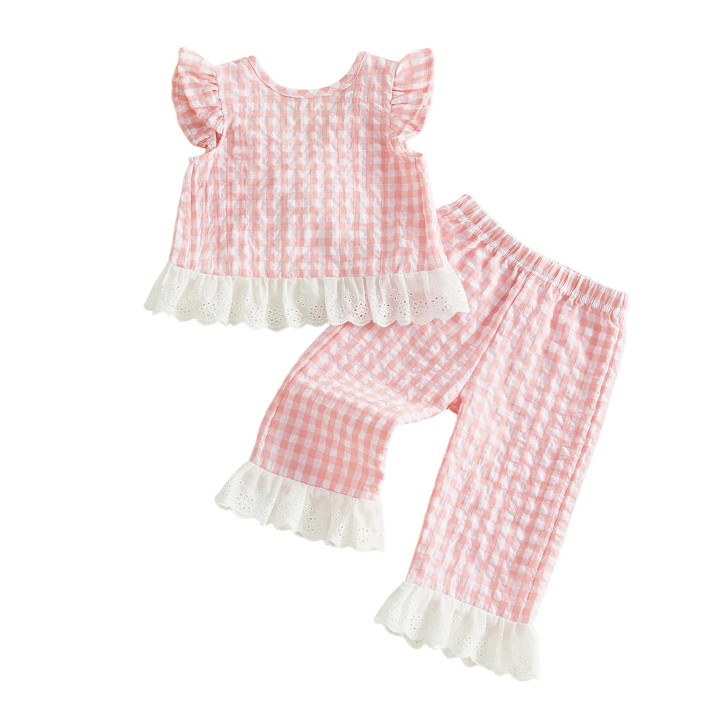 Lioraitiin 2Pcs Toddler Girls Outfits Flying Sleeve Crew Neck Plaid