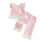 Lioraitiin 2Pcs Toddler Girls Outfits Flying Sleeve Crew Neck Plaid