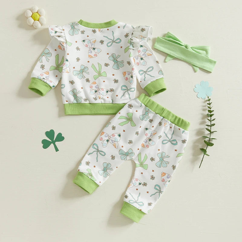Lioraitiin Toddler Baby Girl Irish Outfits Bow Clover Print Crew Neck
