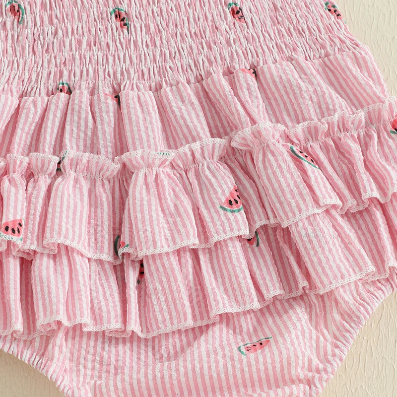 Baby Girl Romper Loose Fit Bow Design Watermelon Print Striped