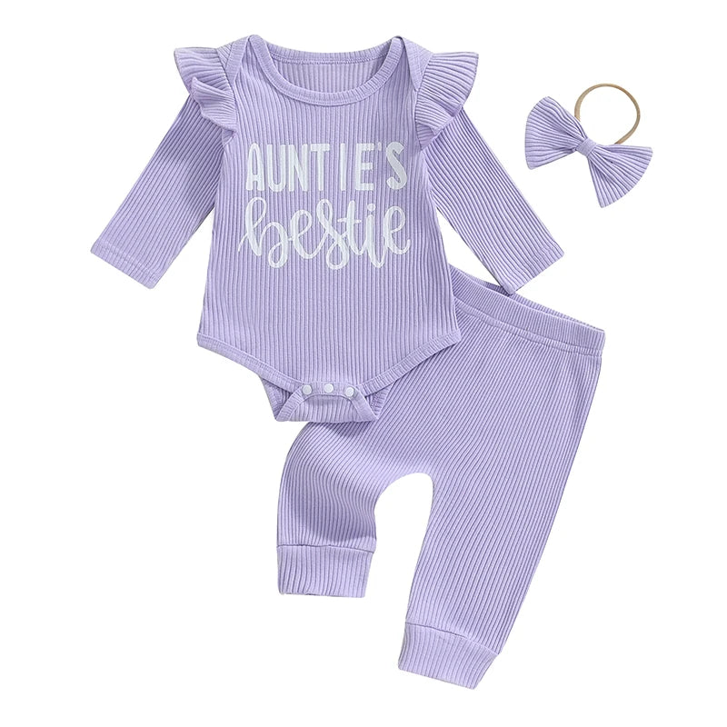 Lioraitiin Baby Girls Ribbed Set Letter Print Long Sleeve Round Neck